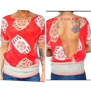 Crème Fraîche Open Back Silk Blouse Size X Small Orange Creme Short Sleeve